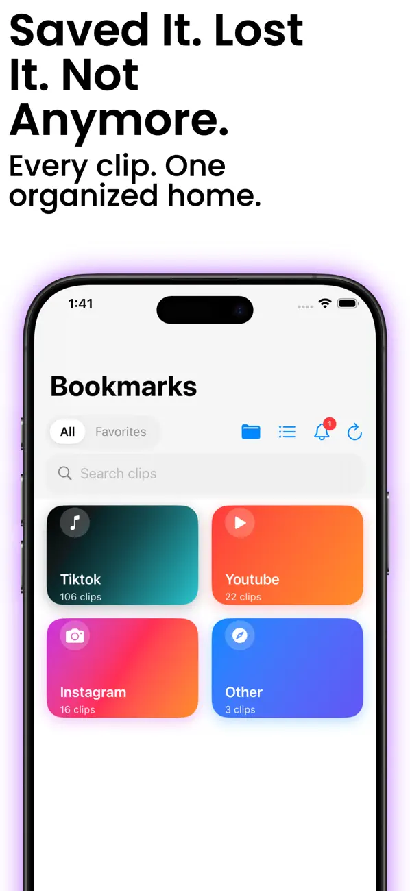 TidyClips saved library organized by platform